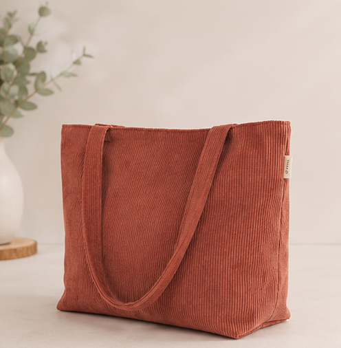 Kyoto Aki — Tote bag en velours côtelé terracotta | Pièce unique