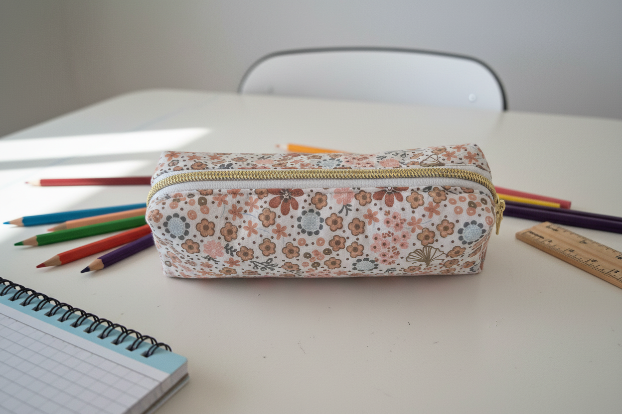 Trousse écolière fleurie cousue main