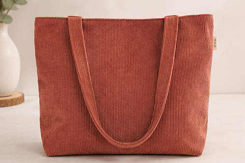 Tote bag Kyoto Aki en velours côtelé terracotta — 6 vues : face, 3/4, profil, fond, intérieur fleuri et vue plongeante