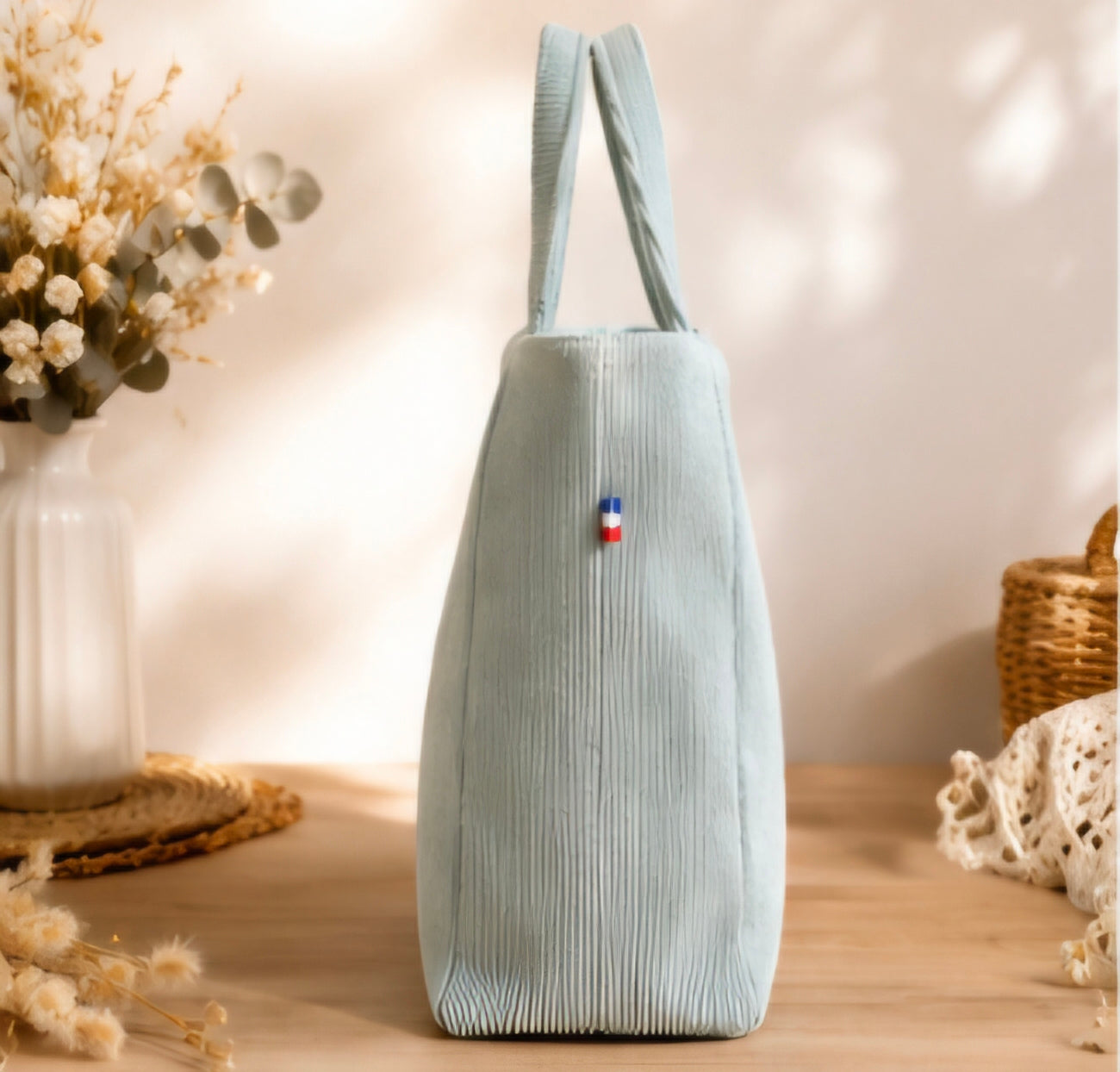 Tote bag Kyoto Jaspe en velours côtelé bleu glacier, vue de côté