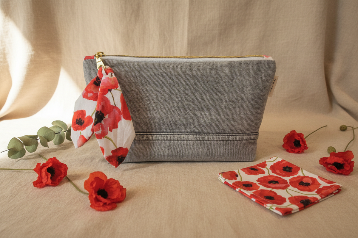 Trousse "La Éla Denim Coquelicot" – Pièce Unique