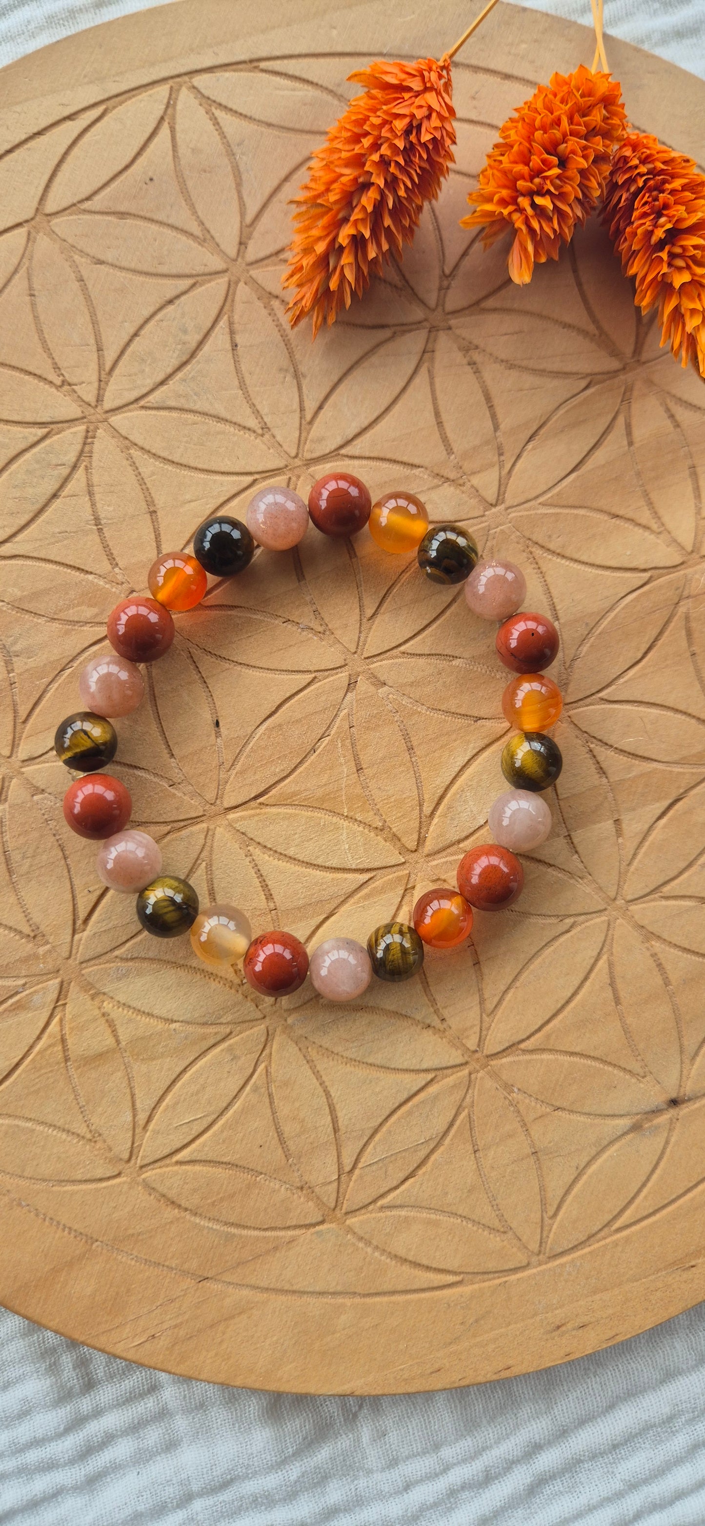 "Fire & Light" Bracelet – Tiger's Eye, Carnelian, Red Jasper & Pink Moonstone