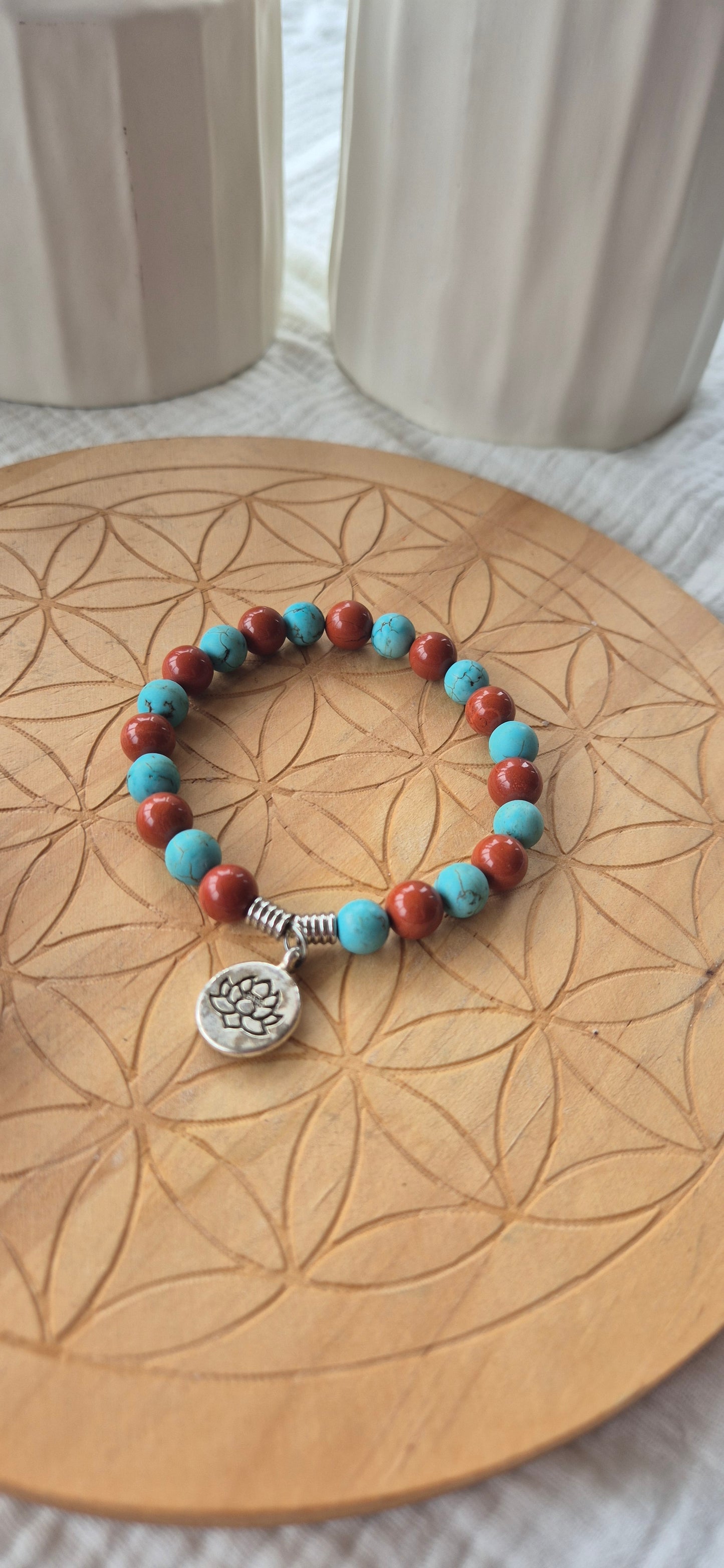 "Earth & Sky" Bracelet – Turquoise Howlite, Red Jasper & Flower Charm
