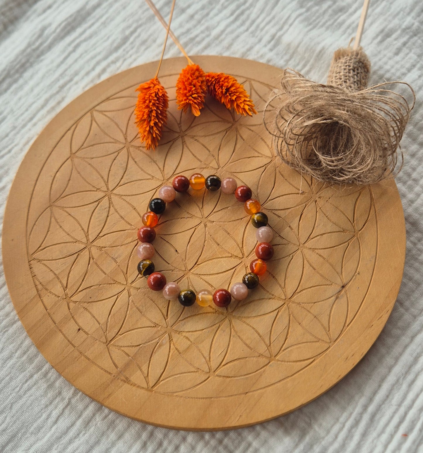 "Fire & Light" Bracelet – Tiger's Eye, Carnelian, Red Jasper & Pink Moonstone