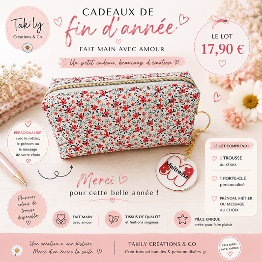 Lot Fin d'année – Trousse fleurie + Porte-clé personnalisé